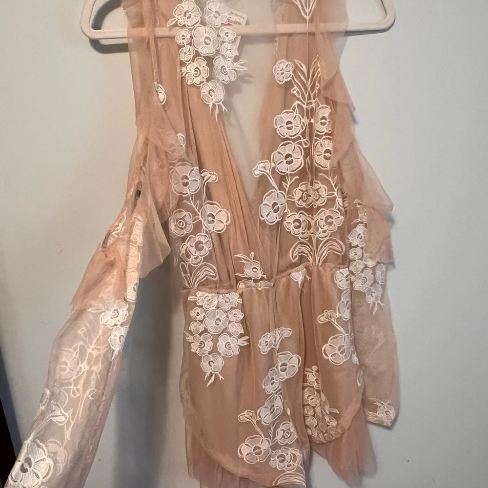 Floral Embroidered Sheer Tan Romper - Picture 3 of 4